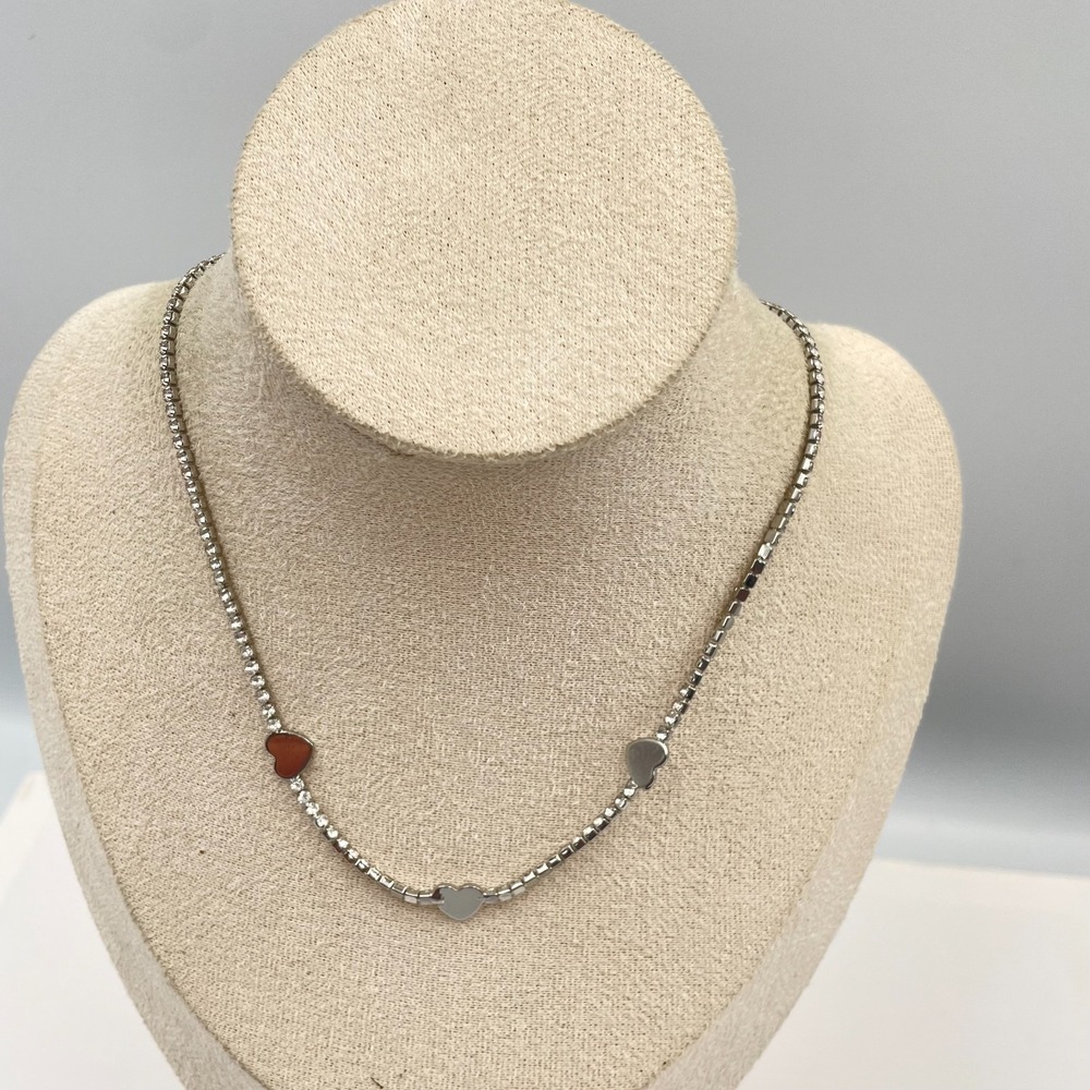 Vtg Silver Tone Rhinestone Heart Tennis Necklace Choker Adjustable Crystal Y2K